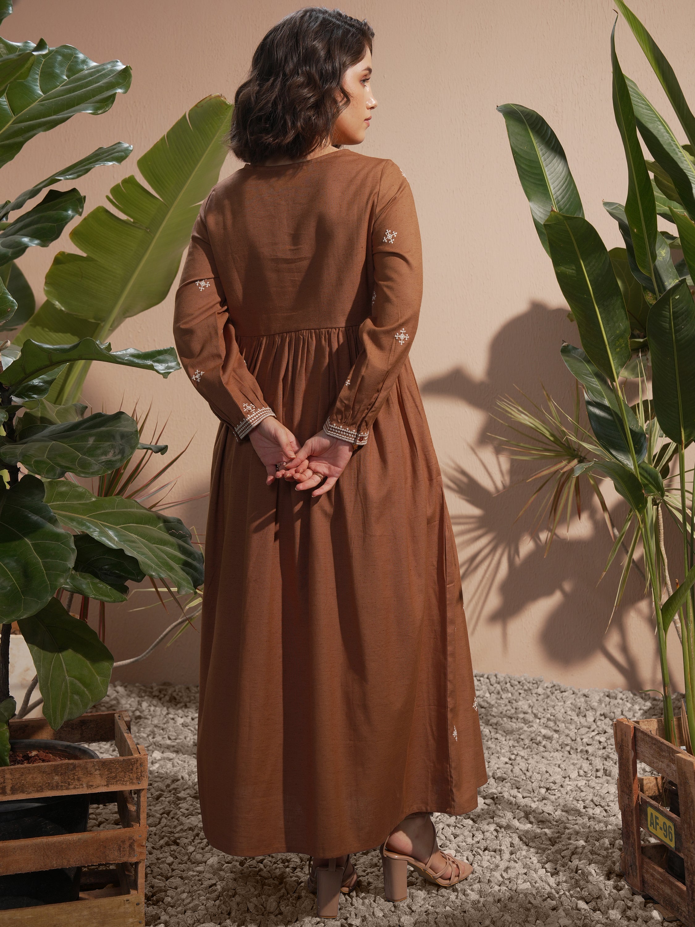Vara By Vishudh Women Brown Embroidered Maxi Dress - Brown - Image 3