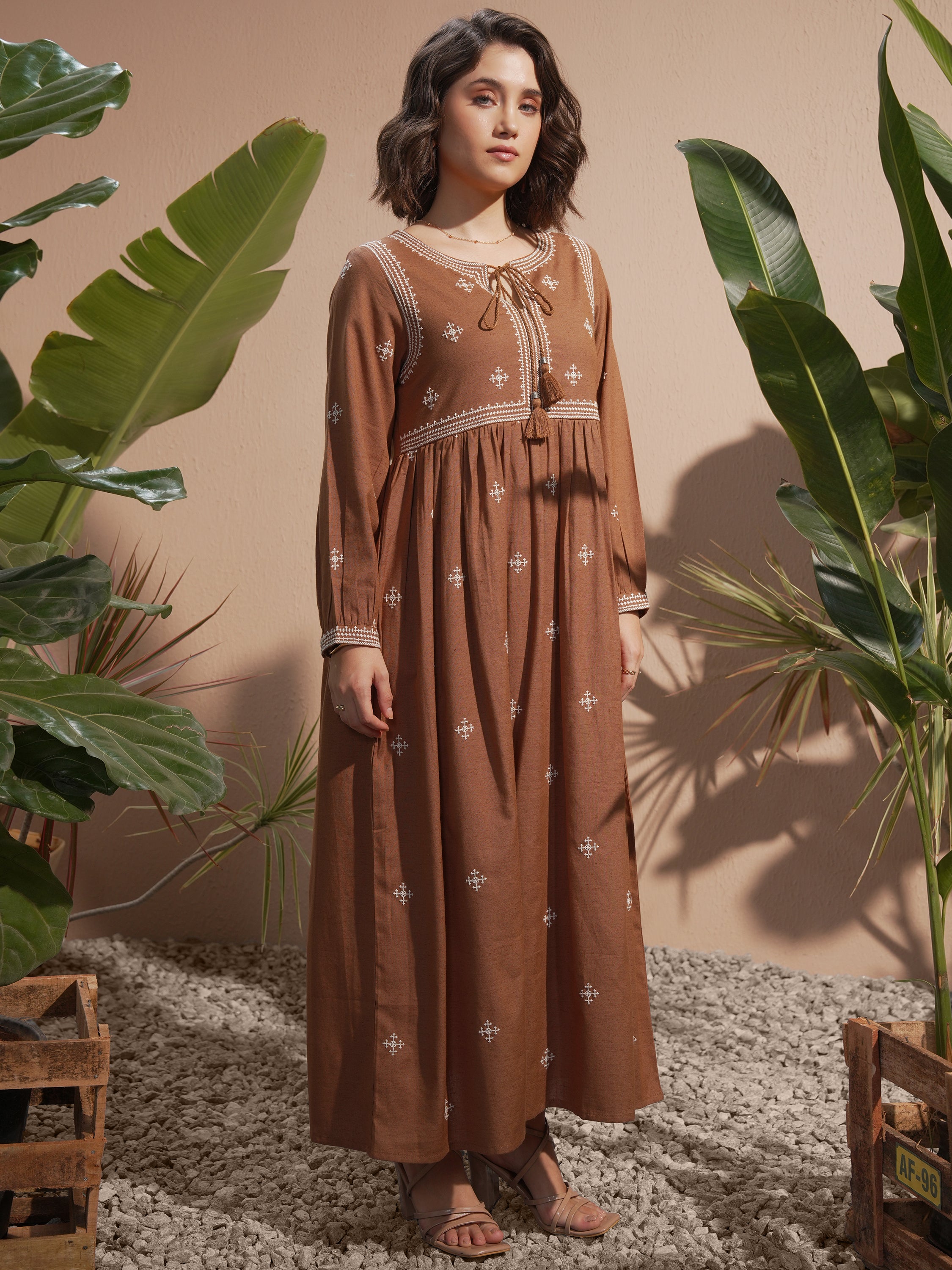 Vara By Vishudh Women Brown Embroidered Maxi Dress - Brown - Image 4