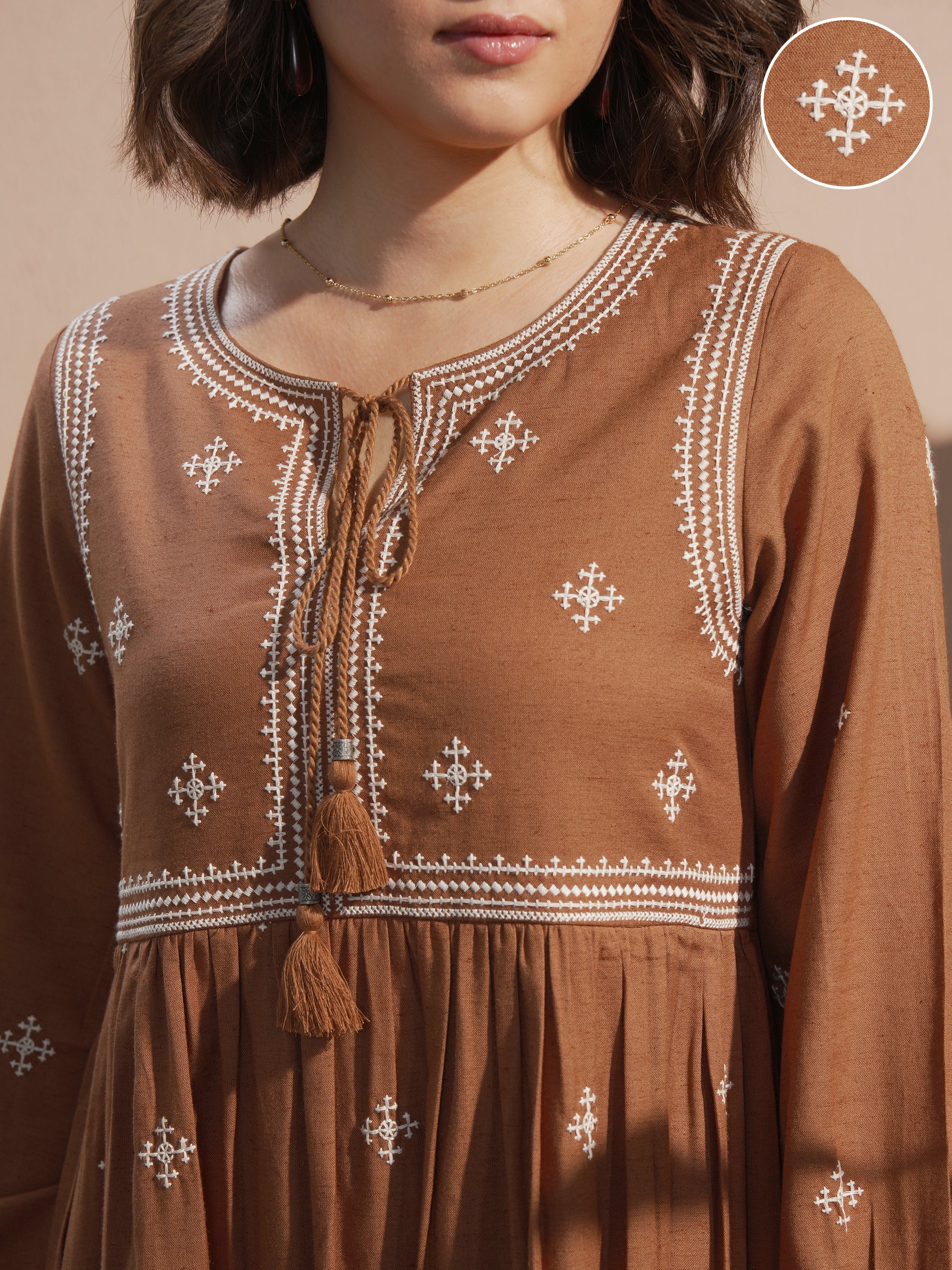 Vara By Vishudh Women Brown Embroidered Maxi Dress - Brown - Image 5