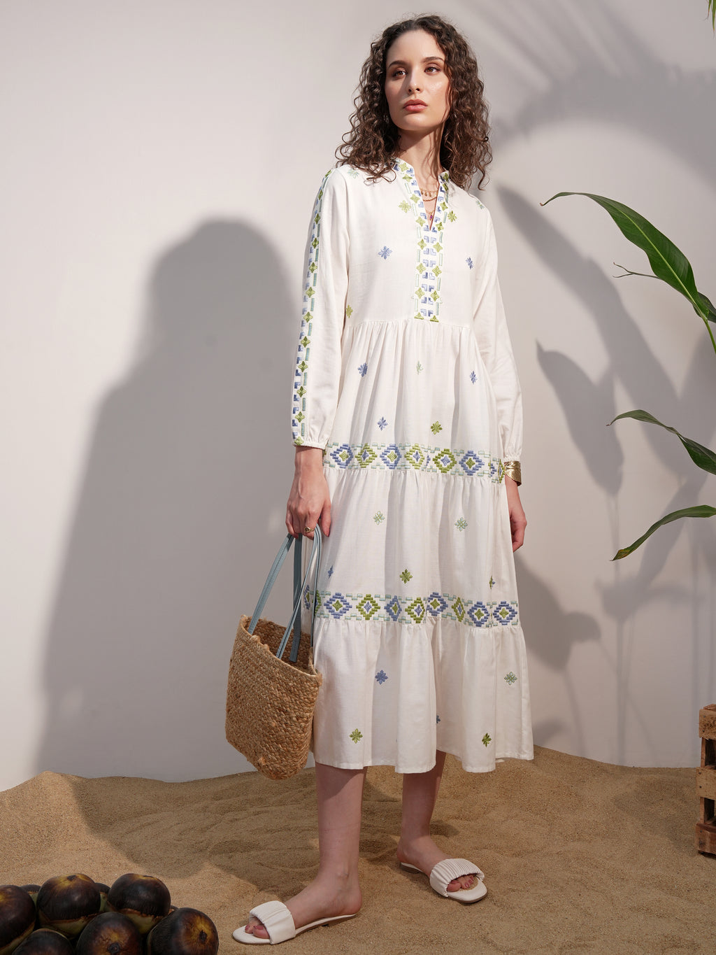 Vara By Vishudh Women White Embroidered A-Line Dress - White - Image 2