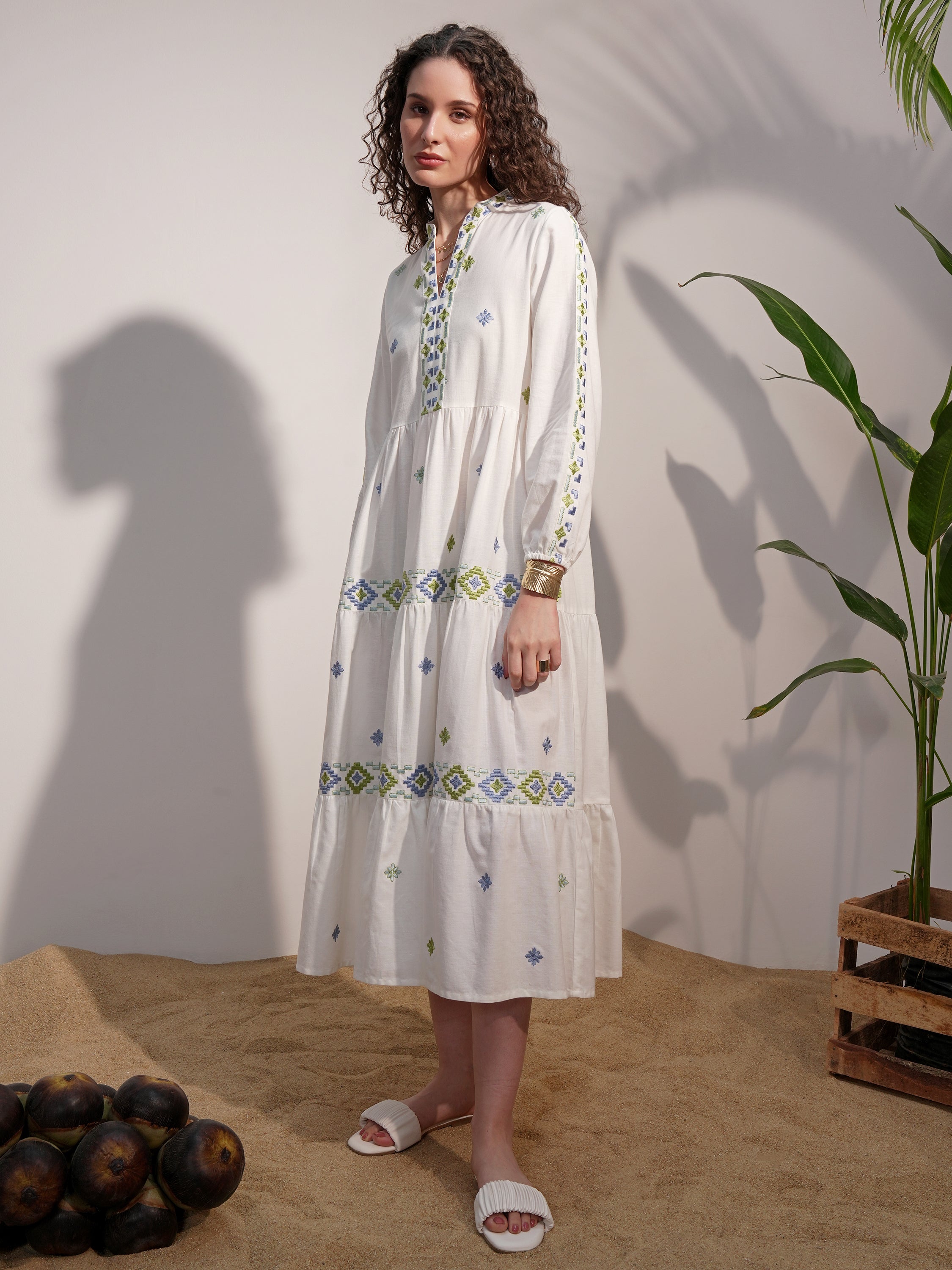 Vara By Vishudh Women White Embroidered A-Line Dress - White - Image 4
