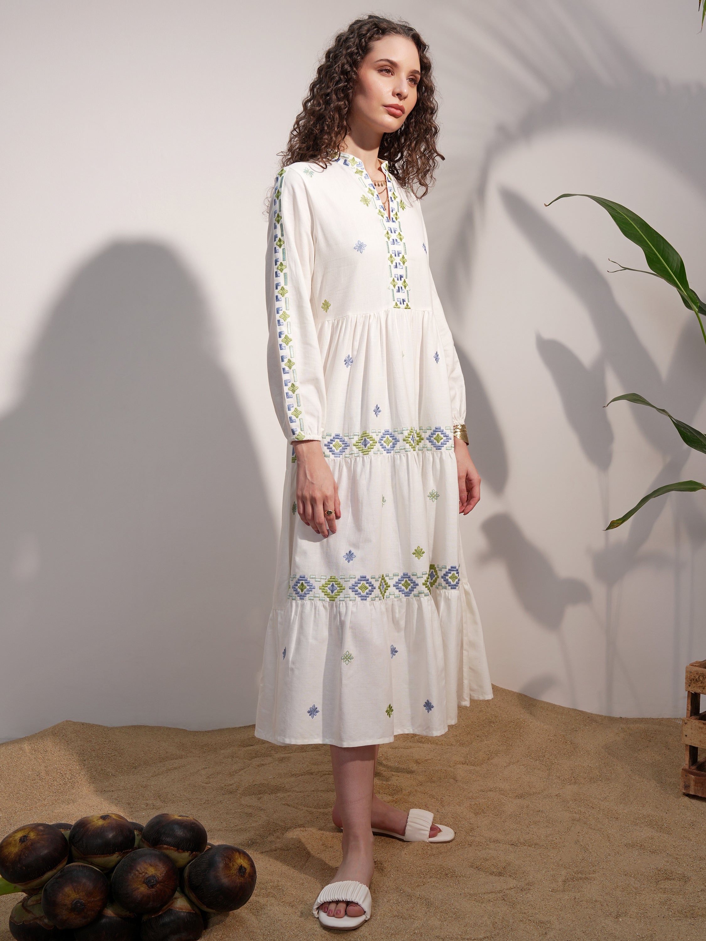 Vara By Vishudh Women White Embroidered A-Line Dress - White - Image 6