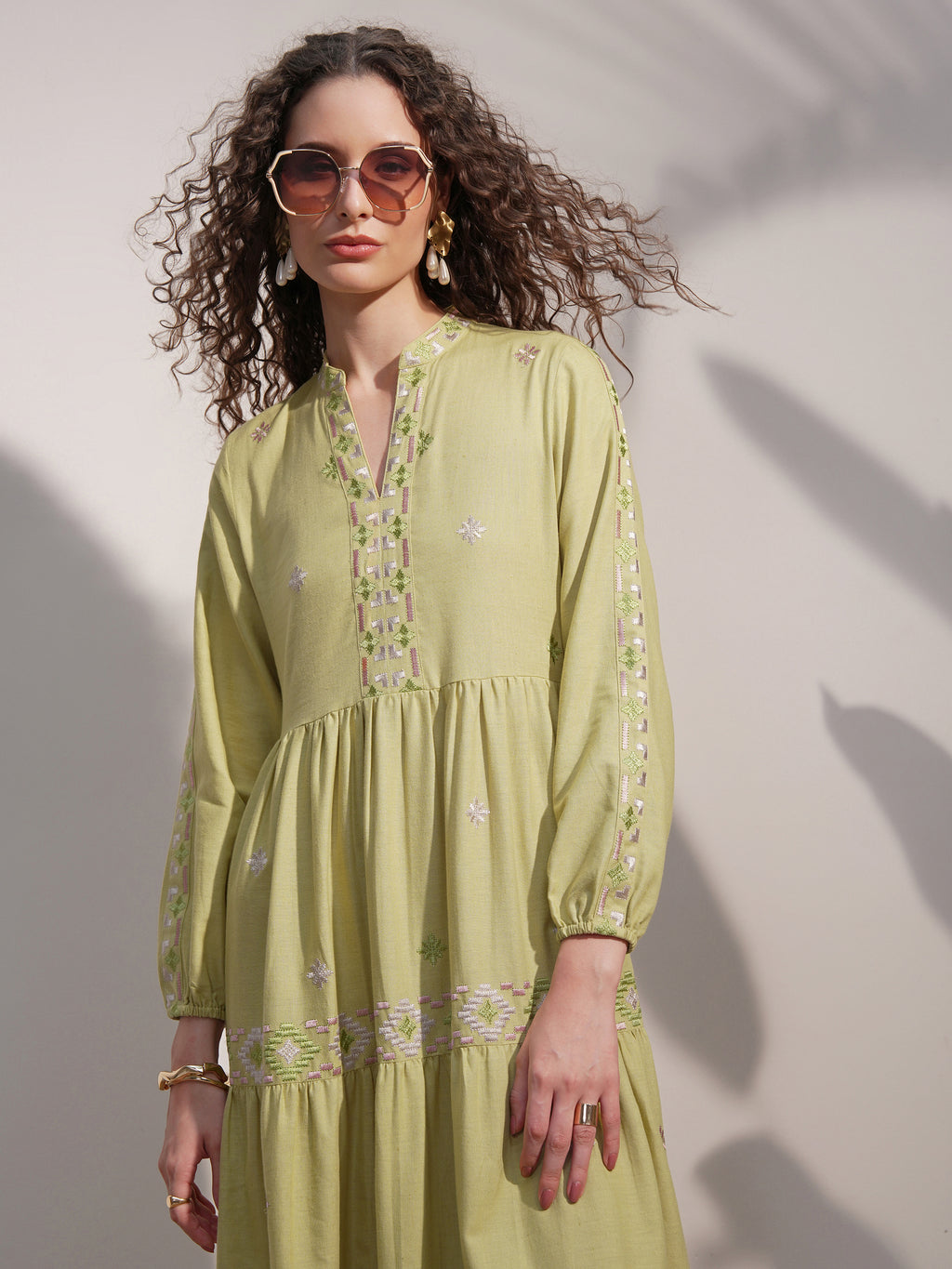 Vara By Vishudh women Lime Green Embroidered A-Line Dress - Lime Green - Image 1