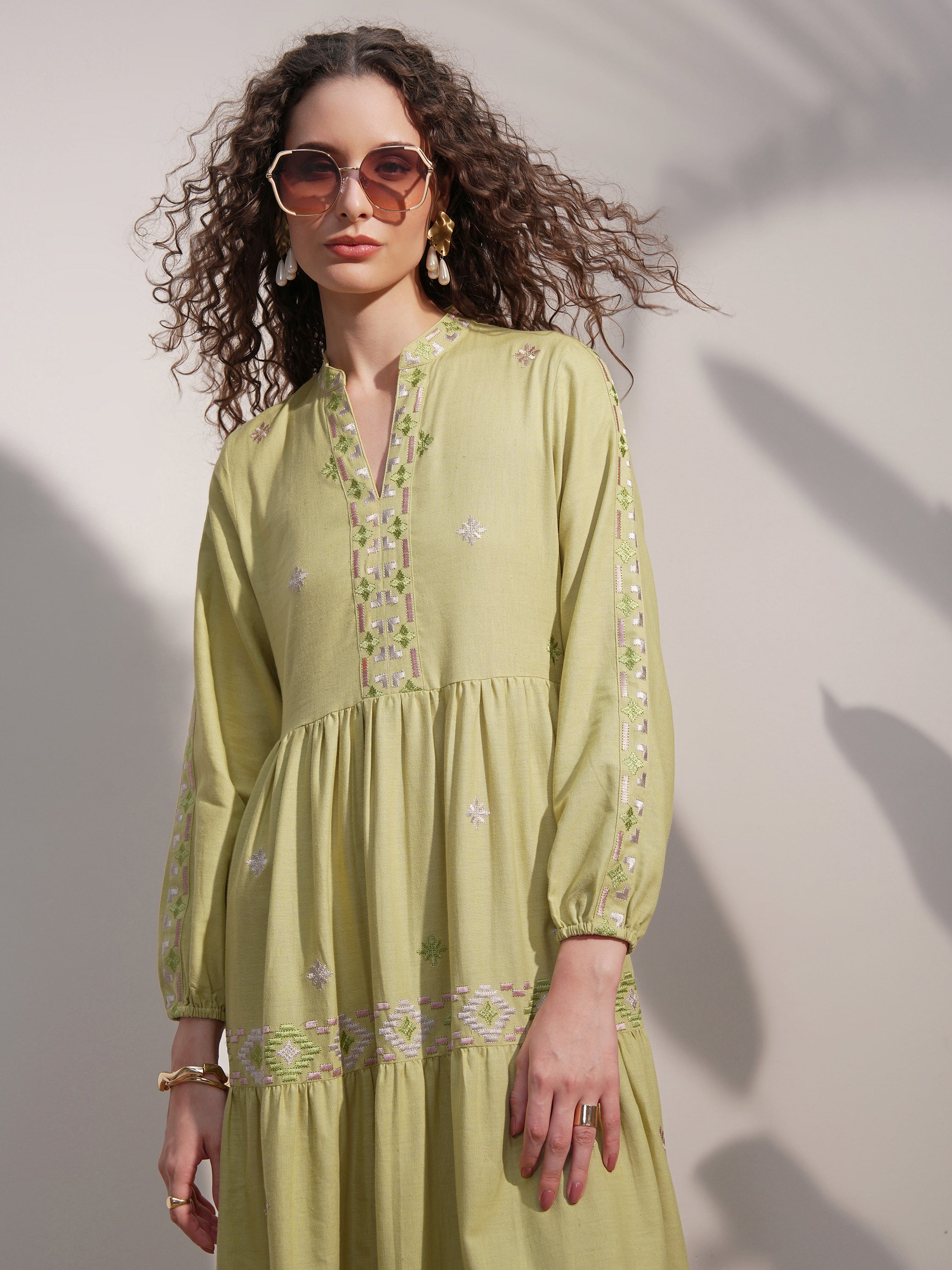 Vara By Vishudh women Lime Green Embroidered A-Line Dress - Lime Green - Image 1