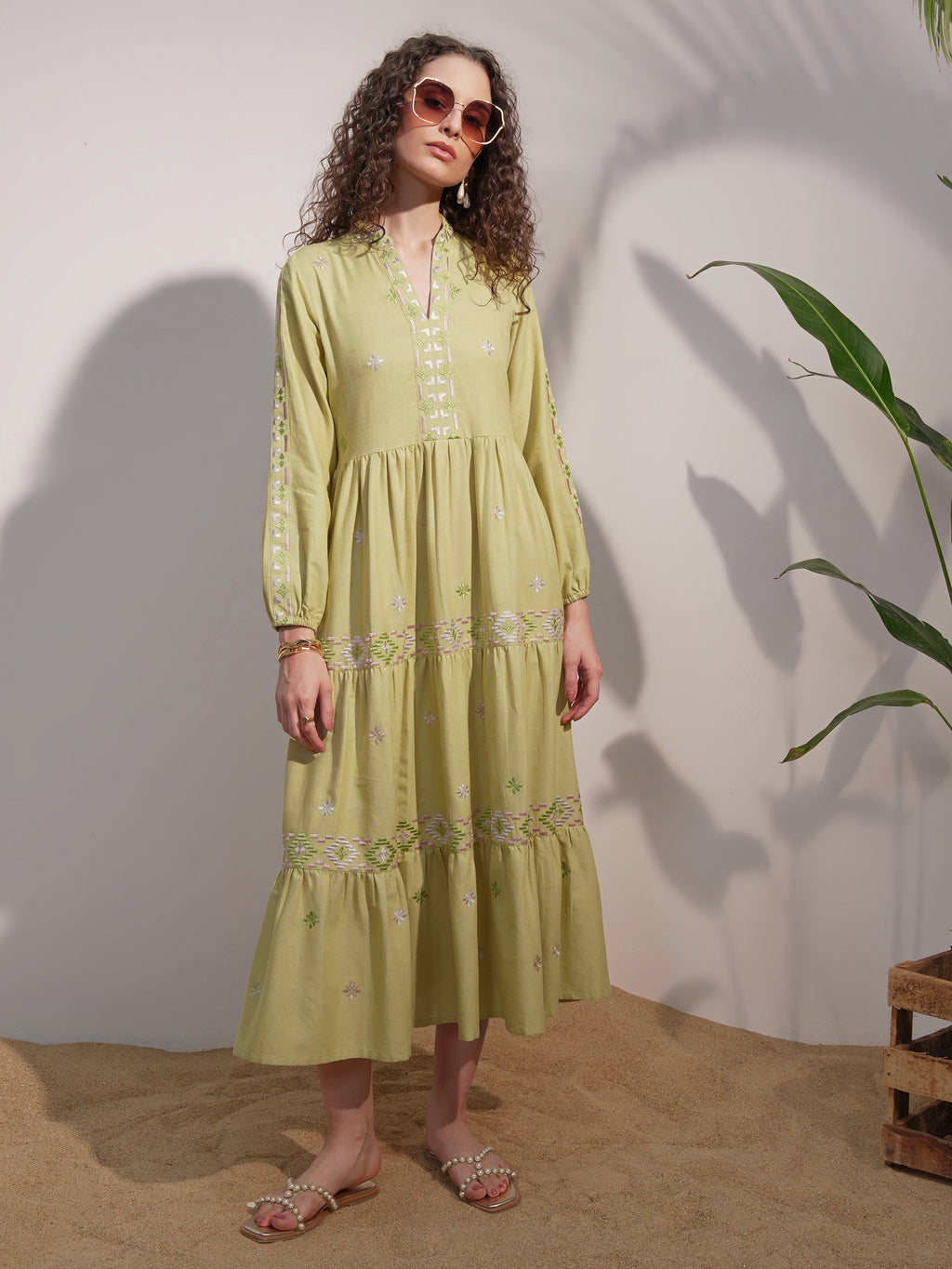 Vara By Vishudh women Lime Green Embroidered A-Line Dress - Lime Green - Image 2