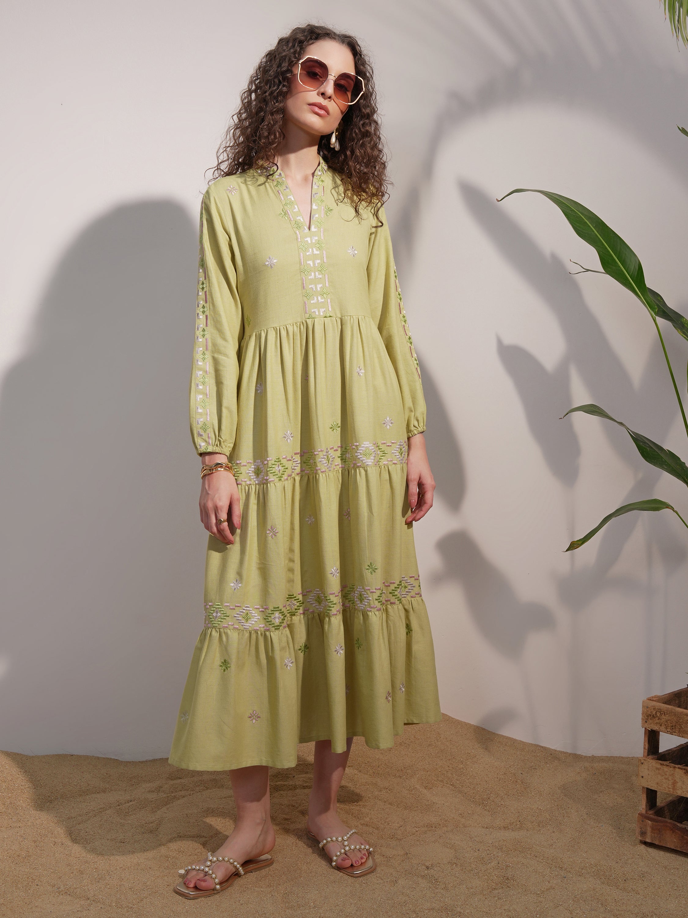 Vara By Vishudh women Lime Green Embroidered A-Line Dress - Lime Green - Image 2