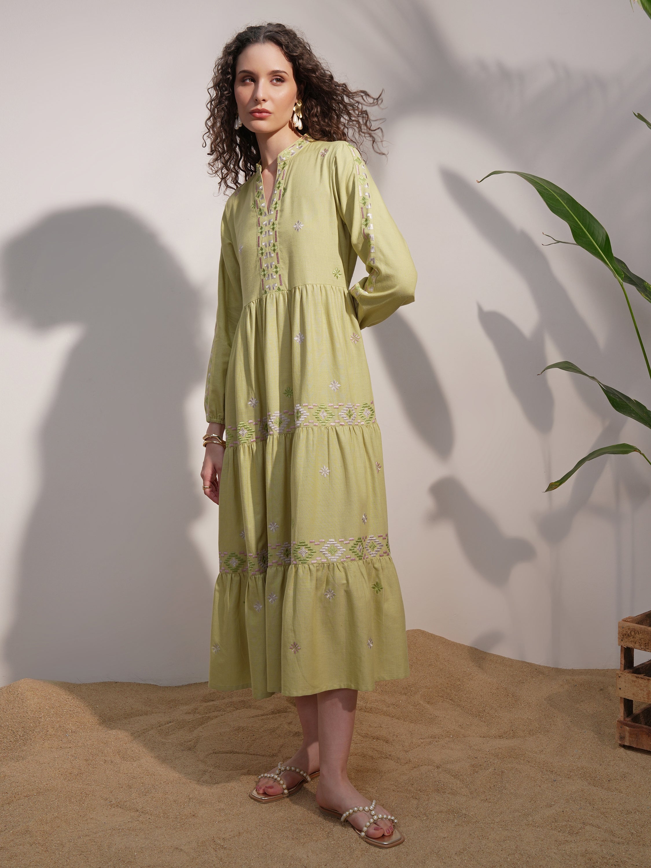 Vara By Vishudh women Lime Green Embroidered A-Line Dress - Lime Green - Image 4