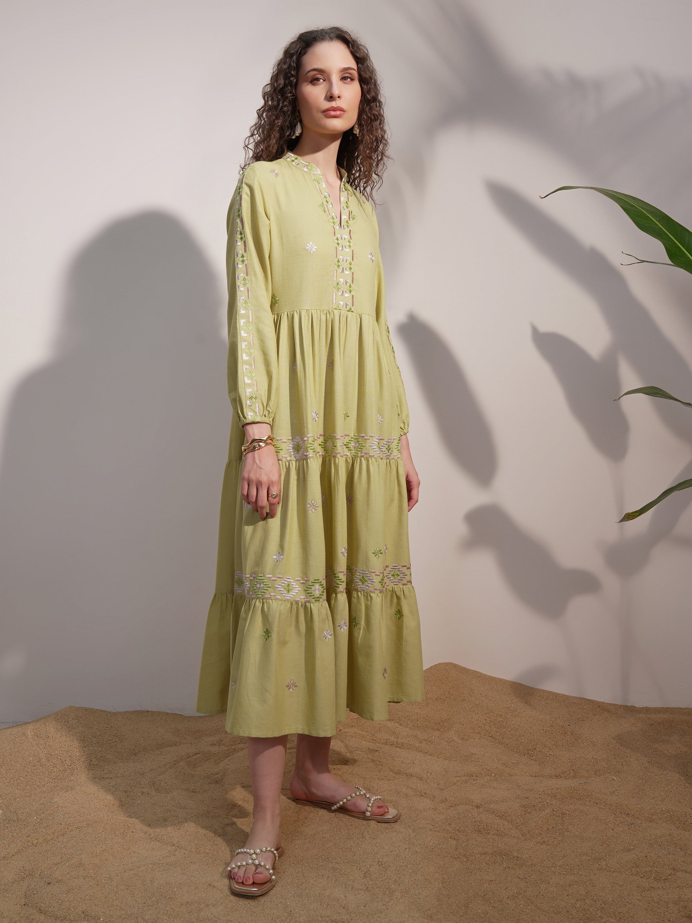 Vara By Vishudh women Lime Green Embroidered A-Line Dress - Lime Green - Image 6