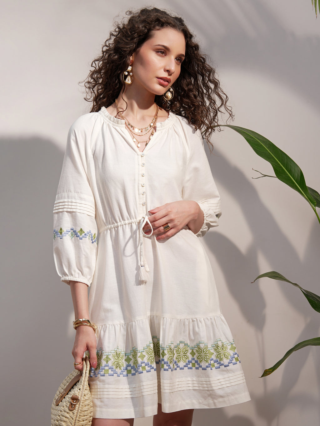 Vara By Vishudh Women White Embroidered A-Line Dress - White - Image 1