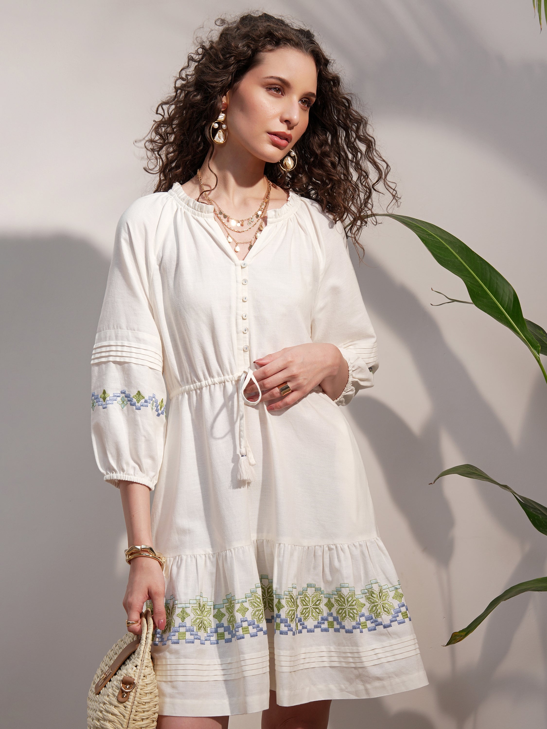 Vara By Vishudh Women White Embroidered A-Line Dress - White - Image 1