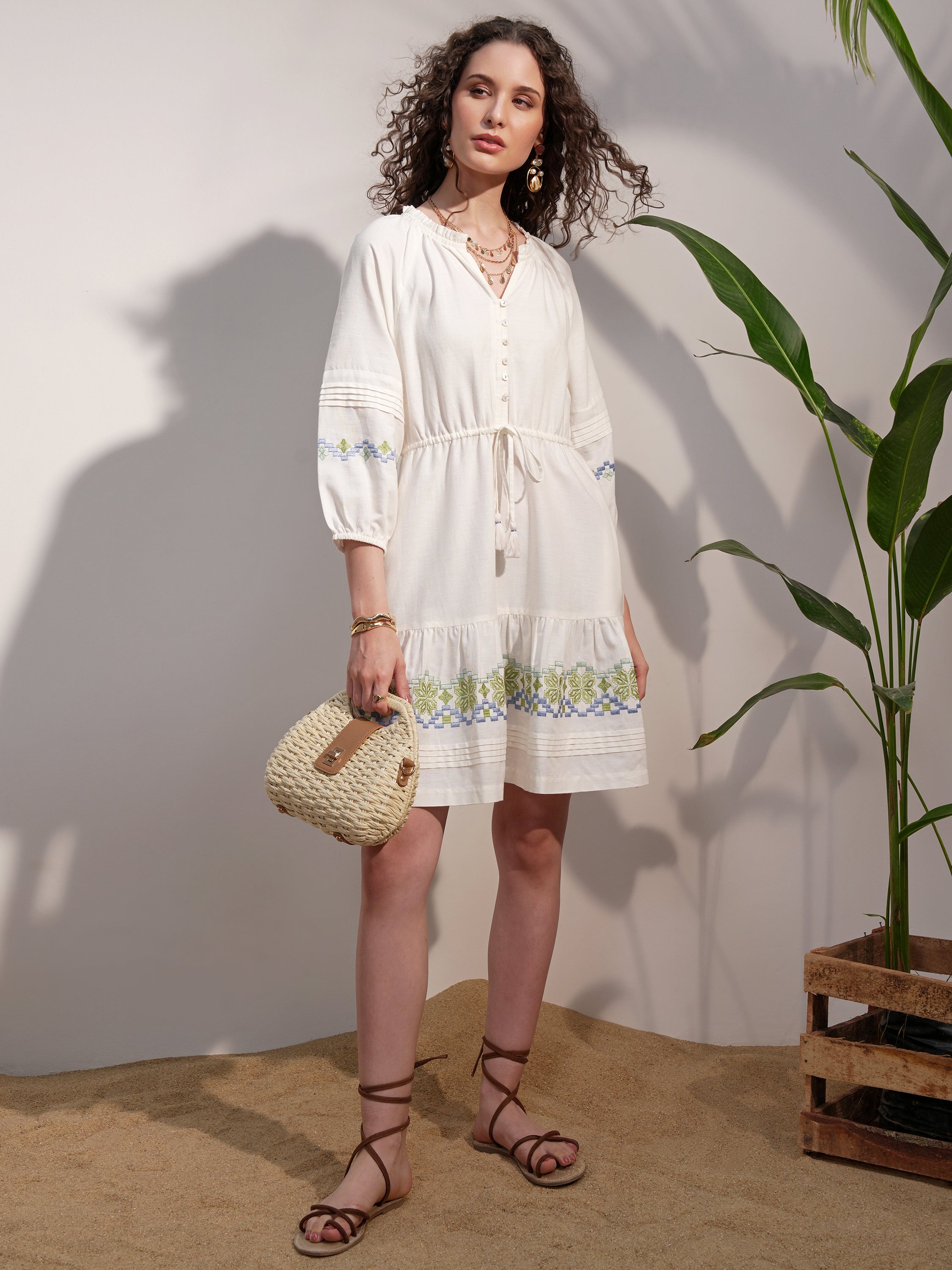Vara By Vishudh Women White Embroidered A-Line Dress - White - Image 2