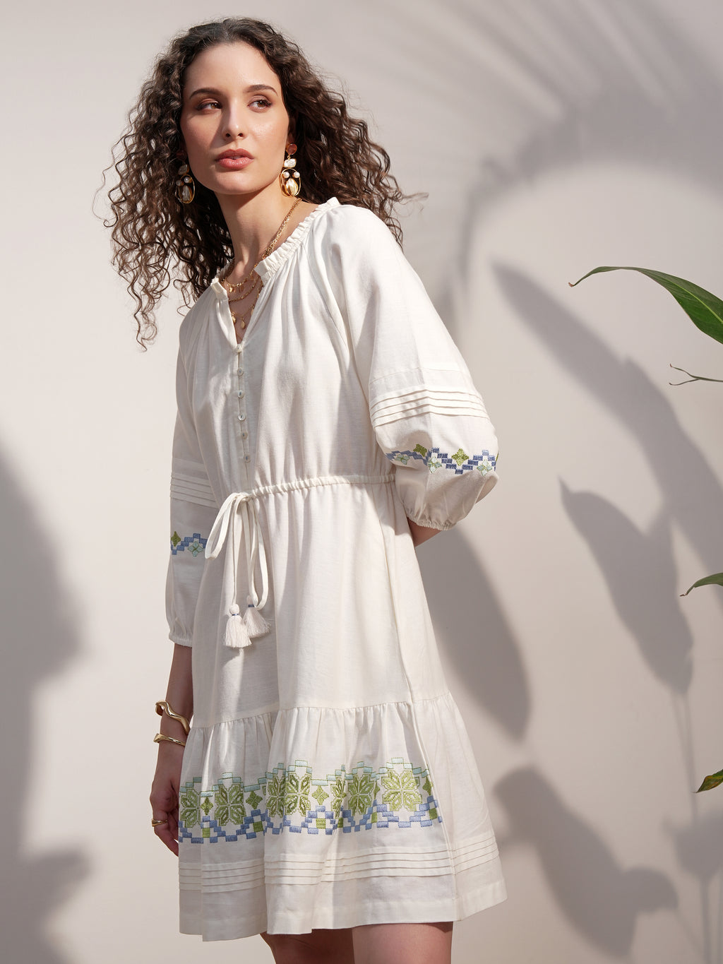 Vara By Vishudh Women White Embroidered A-Line Dress - White - Image 4