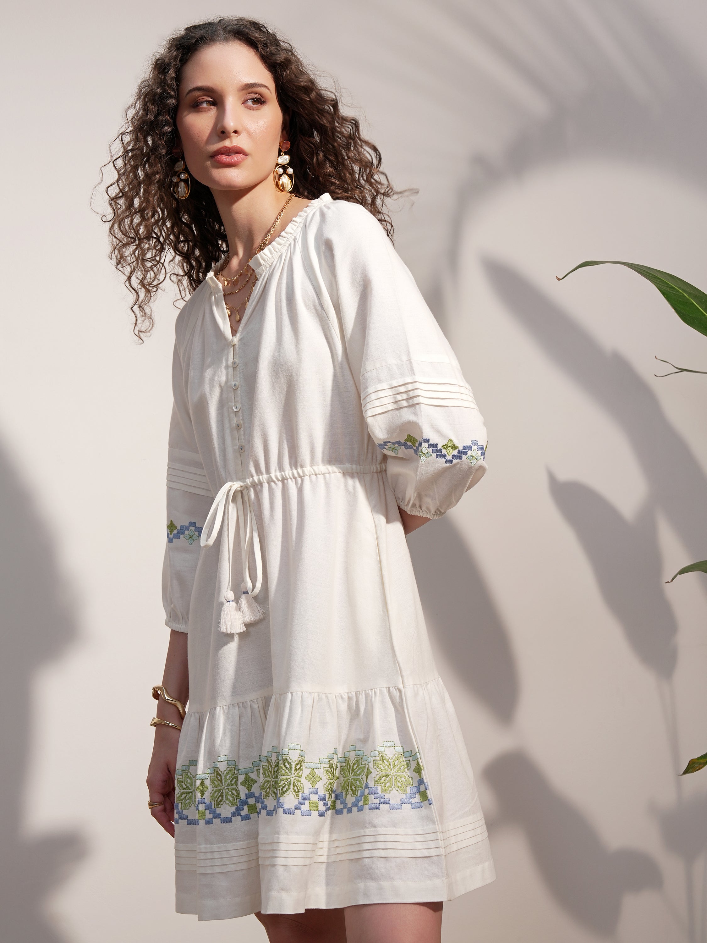 Vara By Vishudh Women White Embroidered A-Line Dress - White - Image 4