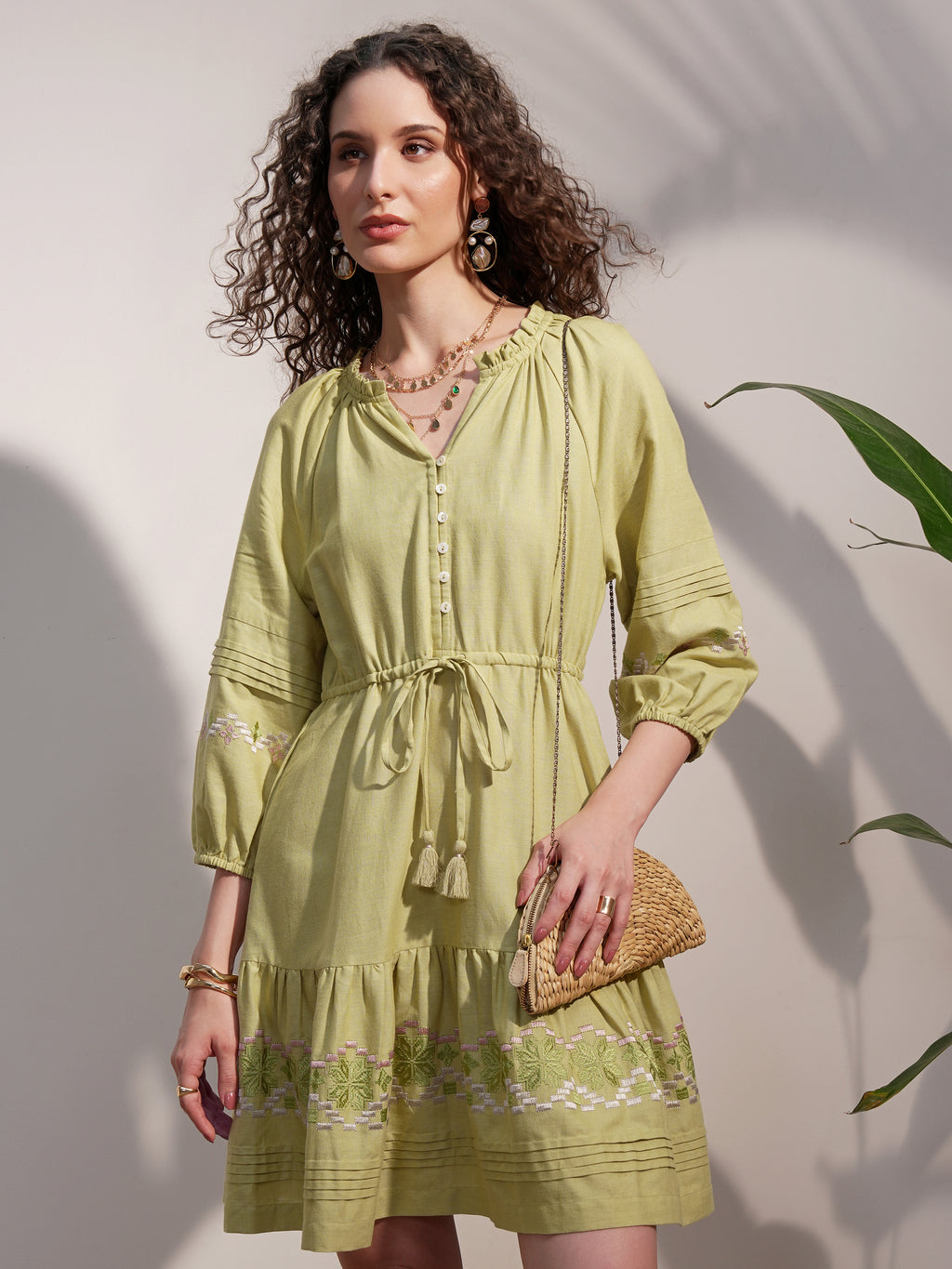 Vara By Vishudh Women Green Embroidered A-Line Dress - Green - Image 1