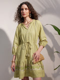 Vara By Vishudh Women Green Embroidered A-Line Dress - Green - Image 1