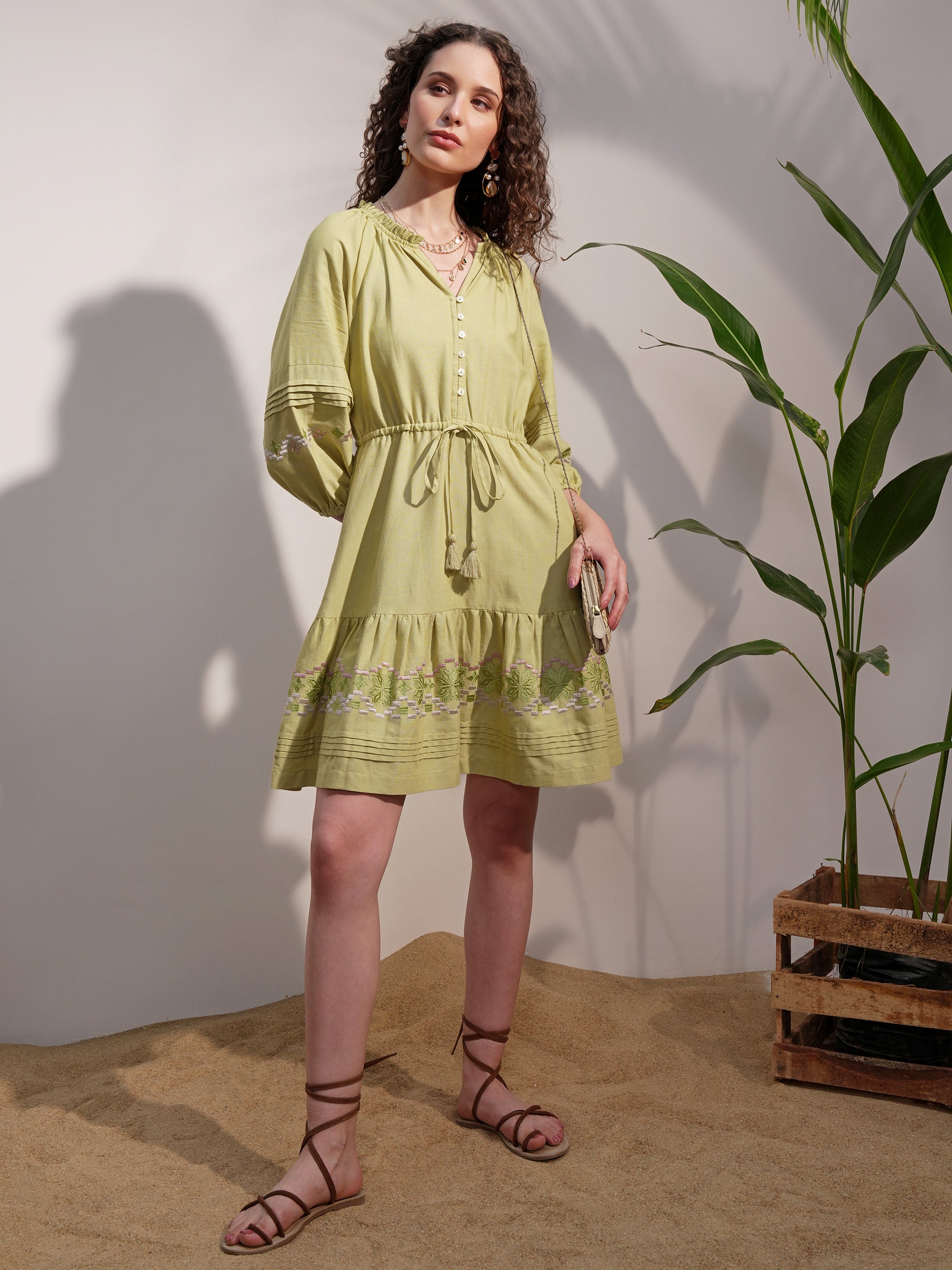 Vara By Vishudh Women Green Embroidered A-Line Dress - Green - Image 2