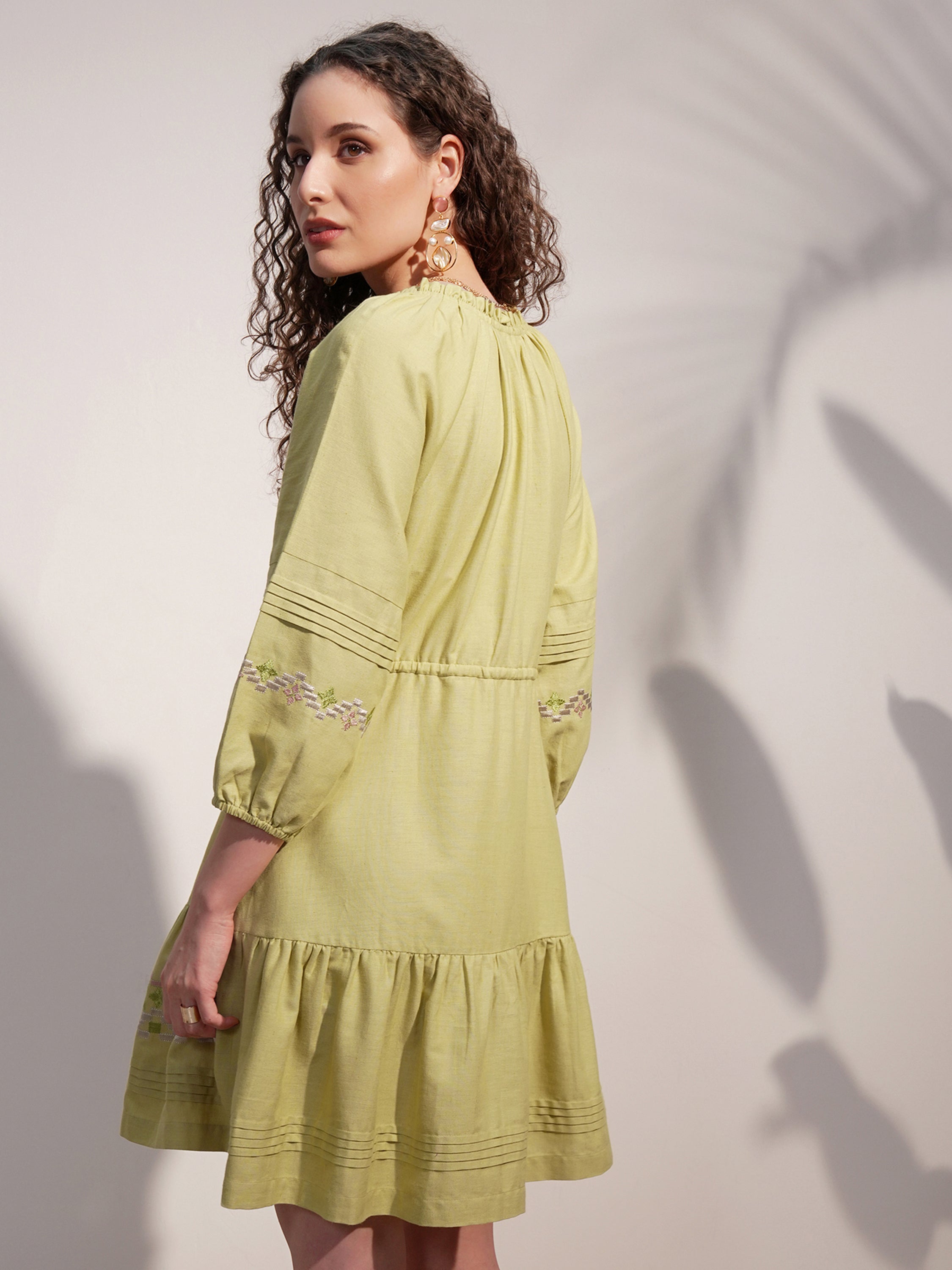Vara By Vishudh Women Green Embroidered A-Line Dress - Green - Image 3