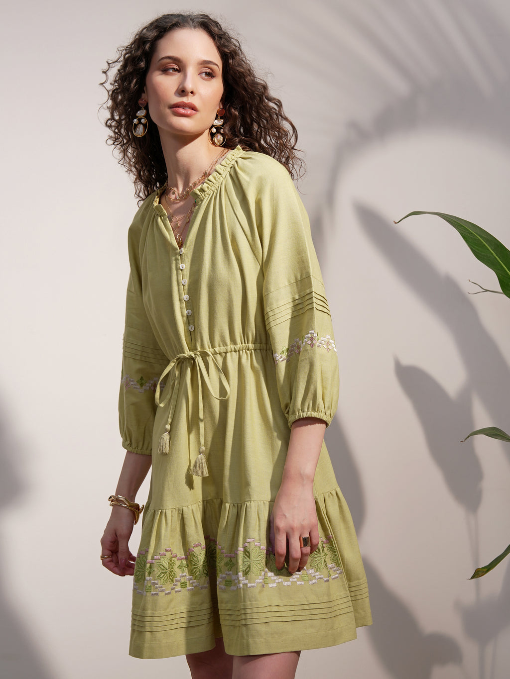 Vara By Vishudh Women Green Embroidered A-Line Dress - Green - Image 4