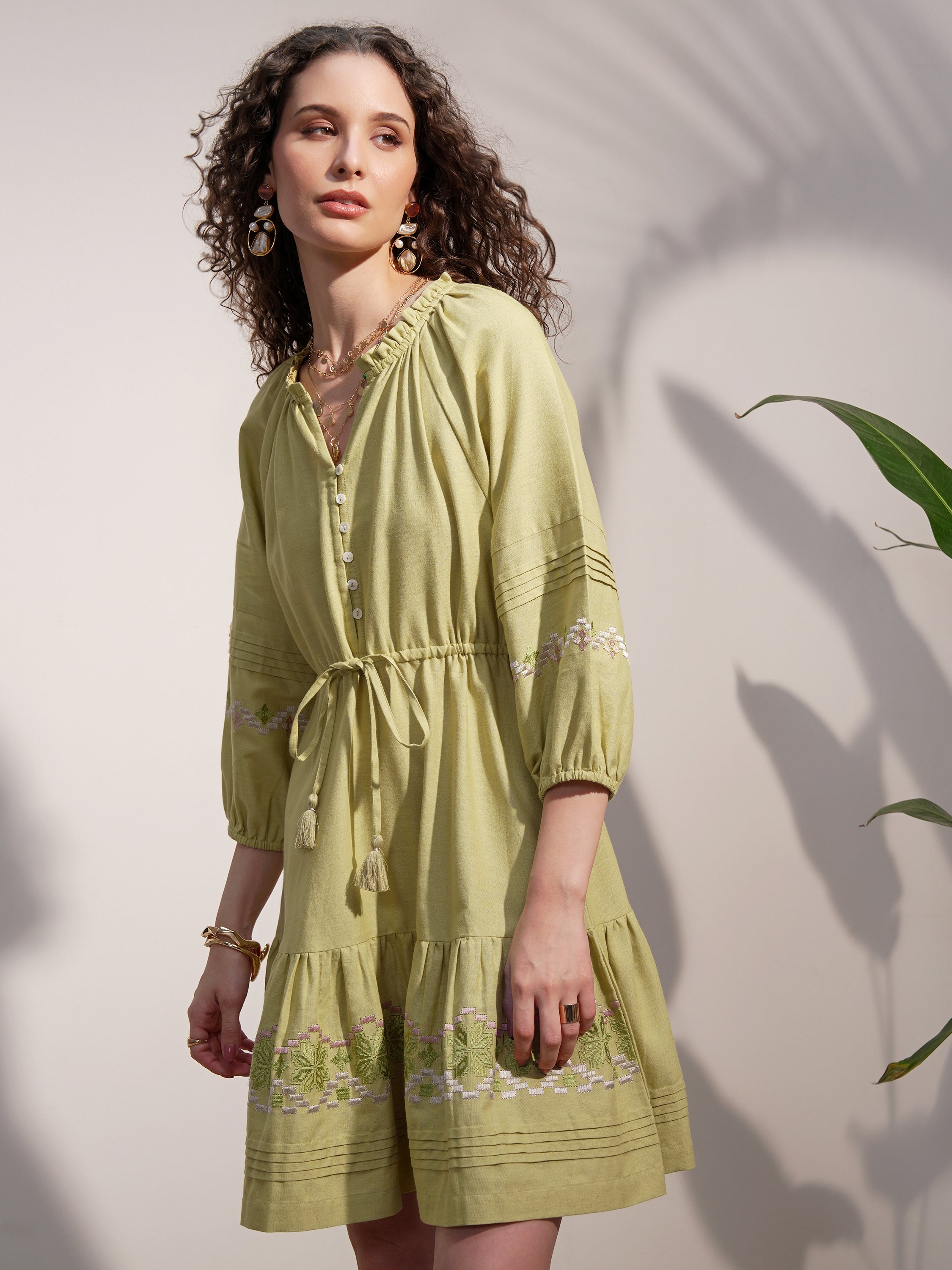 Vara By Vishudh Women Green Embroidered A-Line Dress - Green - Image 4